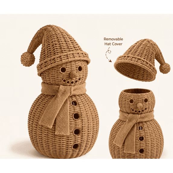 Woven Christmas Snowman Ornament, Wicker Snowman‑Shaped Natural Rattan Tabletop Decor with Hat & Scarf, Ideal Holiday Home Mantel Decoration