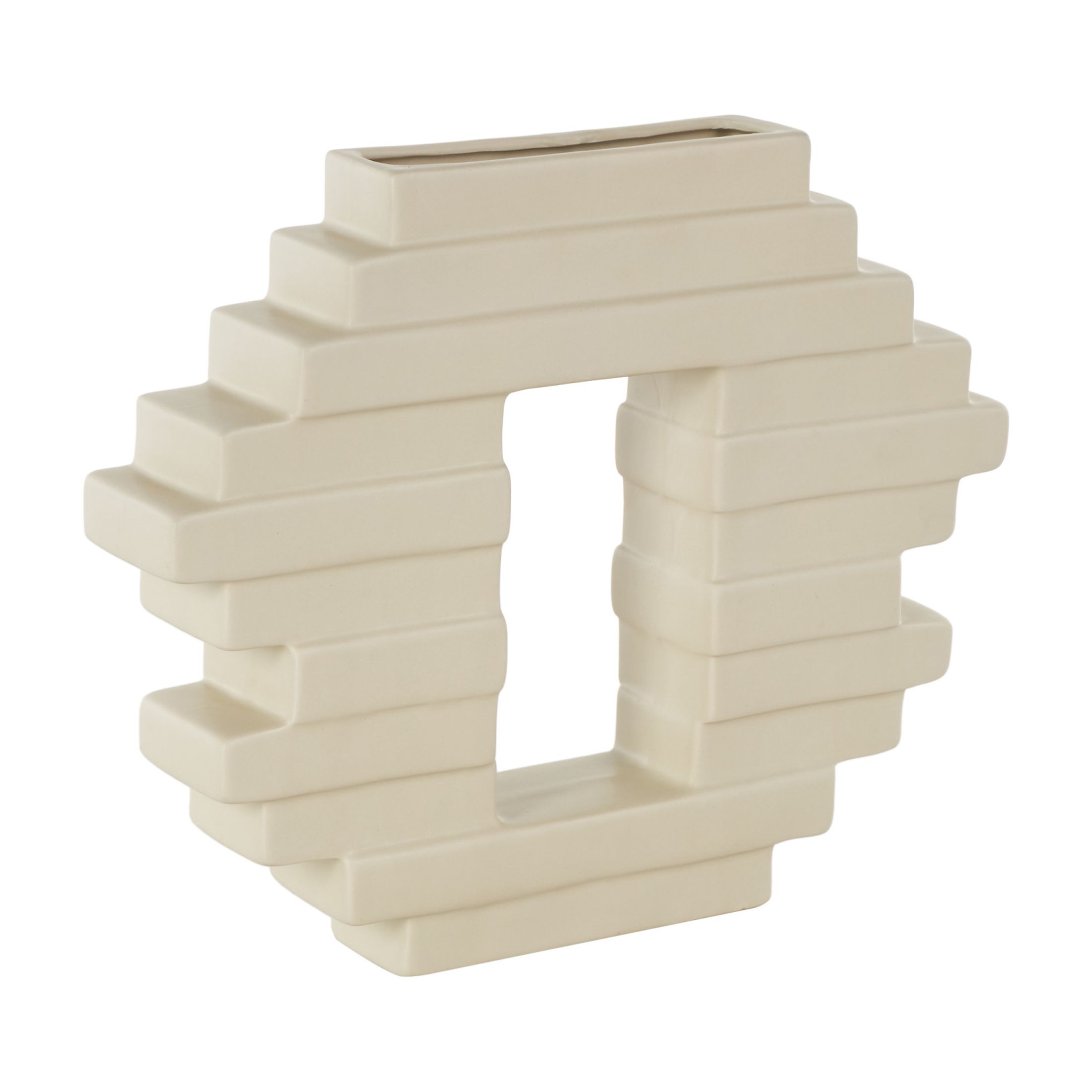 DecMode 10" Abstract Cream Ceramic Vase with Rectangular Center Cutout