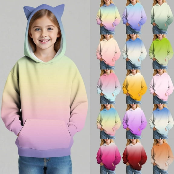 MKOSPLRT Oversized Hoodies for Kids Girls Boys 3-14Y Ear Hooded Gradient Sweatshirts Long Sleeve Casual Loose Pullover with Pocket