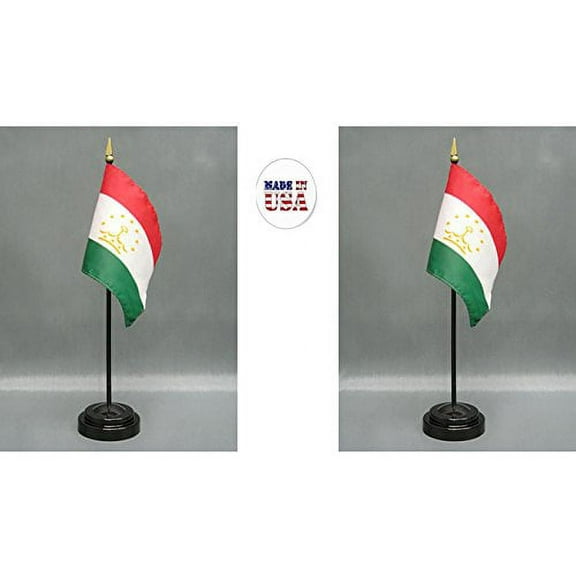 Made in The USA. 2 Tajikistan Rayon 4"x6" Miniature Office Desk & Little Hand Waving Table Flags Includes 2 Flag Stands & 2 Small Mini Tajik Stick Flags
