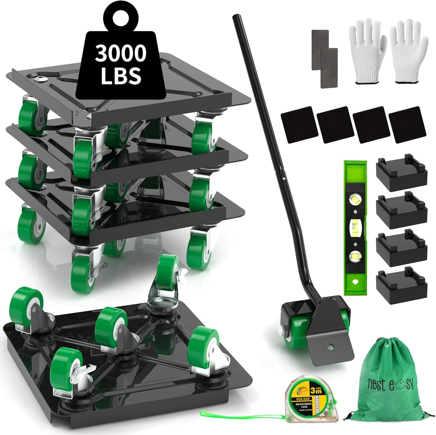 360 °   Rotating 5 Wheels Heavy Duty Furniture Dolly – Alloy Steel Furniture Movers with Measure Tape and Leveler, Up to 3000 lbs/1360 Kg Load Capacity