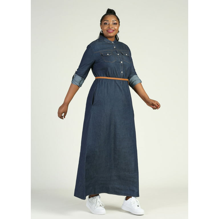 MECALA Womens Plus Size Denim Maxi Dress Belted Roll Up Sleeve Long Shirt  Dress,Dark Blue,3XL 