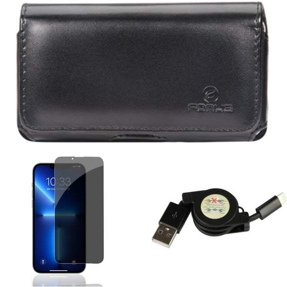 Privacy Screen Protector & Case Belt Clip & USB Cable for iPhone 13/Pro ONLY - Tempered Glass Curved Anti-Spy   Leather Swivel Holster   Retractable Charger Power Combo