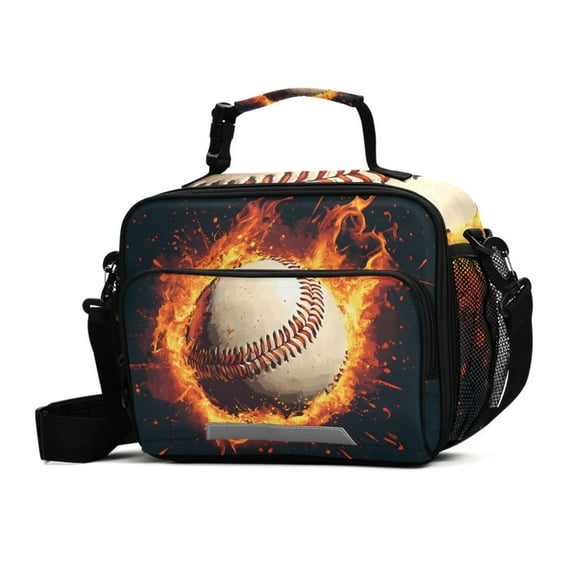 ALAZA Baseball with Flame Lunch Box Insulated Cooler Bag Reusable Tote Bags Shoulder Strap