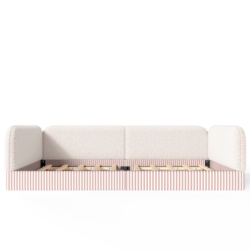 Queen Size Upholstered Floor Daybed Frame for Kids, Half-Enclosed Montessori Platform Bed with 3-Sided Surrounding Guardrails