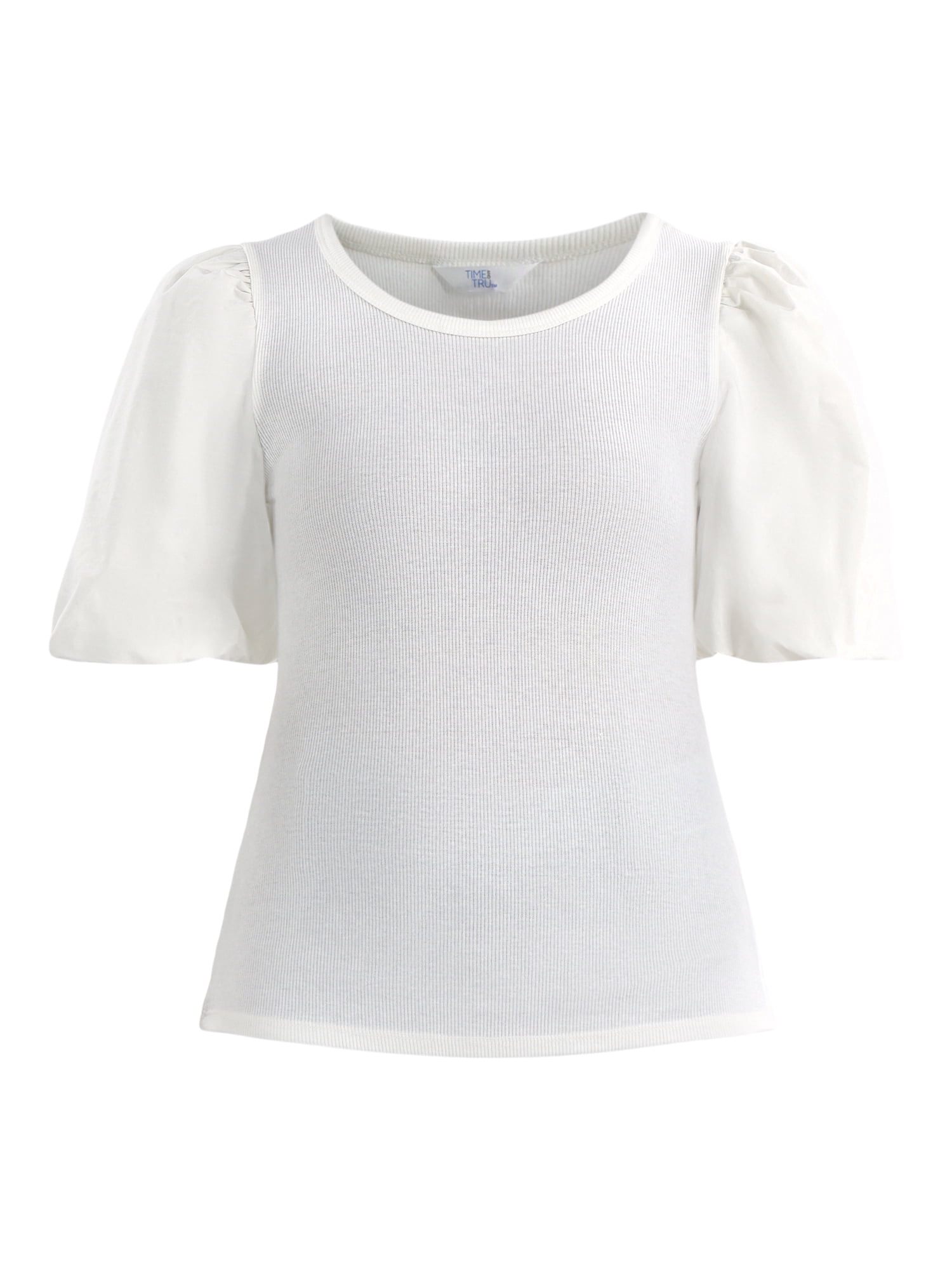 Time and Tru Women's Mixed Media Top with Puff Sleeves, Sizes XS-XXXL