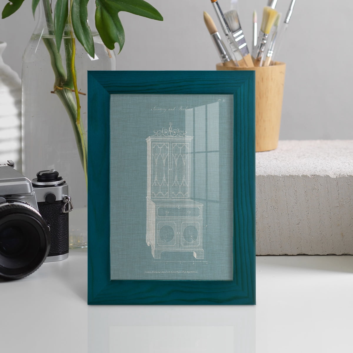Hepplewhite Desk & Bookcase III - Framed Print w/glass - Ocean Blue
