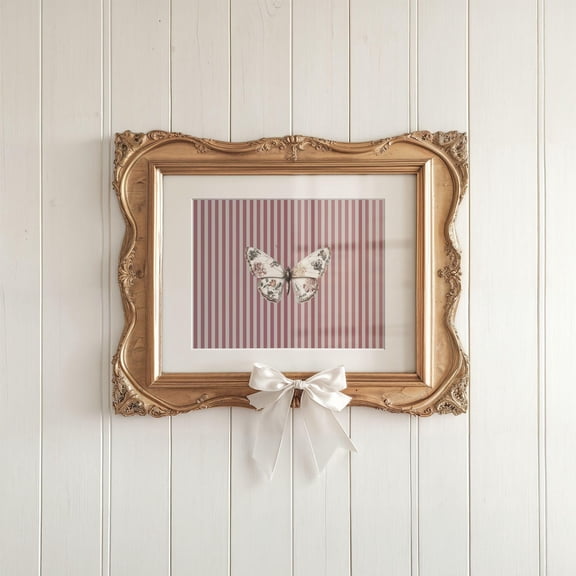 Vintage Butterfly Print, Butterfly Nursery Decor, Pink Striped Wall Art, Floral Wing Butterfly, Cottagecore Nature Decor, Home Decor #1426, Unframed Poster Size 8x12