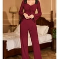 thumbnail image 6 of Tnhcen Burgundy Lace Trim Set: S-XL Long Sleeve Lounge Set w/ Flared Cuffs Wide Leg Pants Nylon-Spandex Sleepwear, 6 of 8
