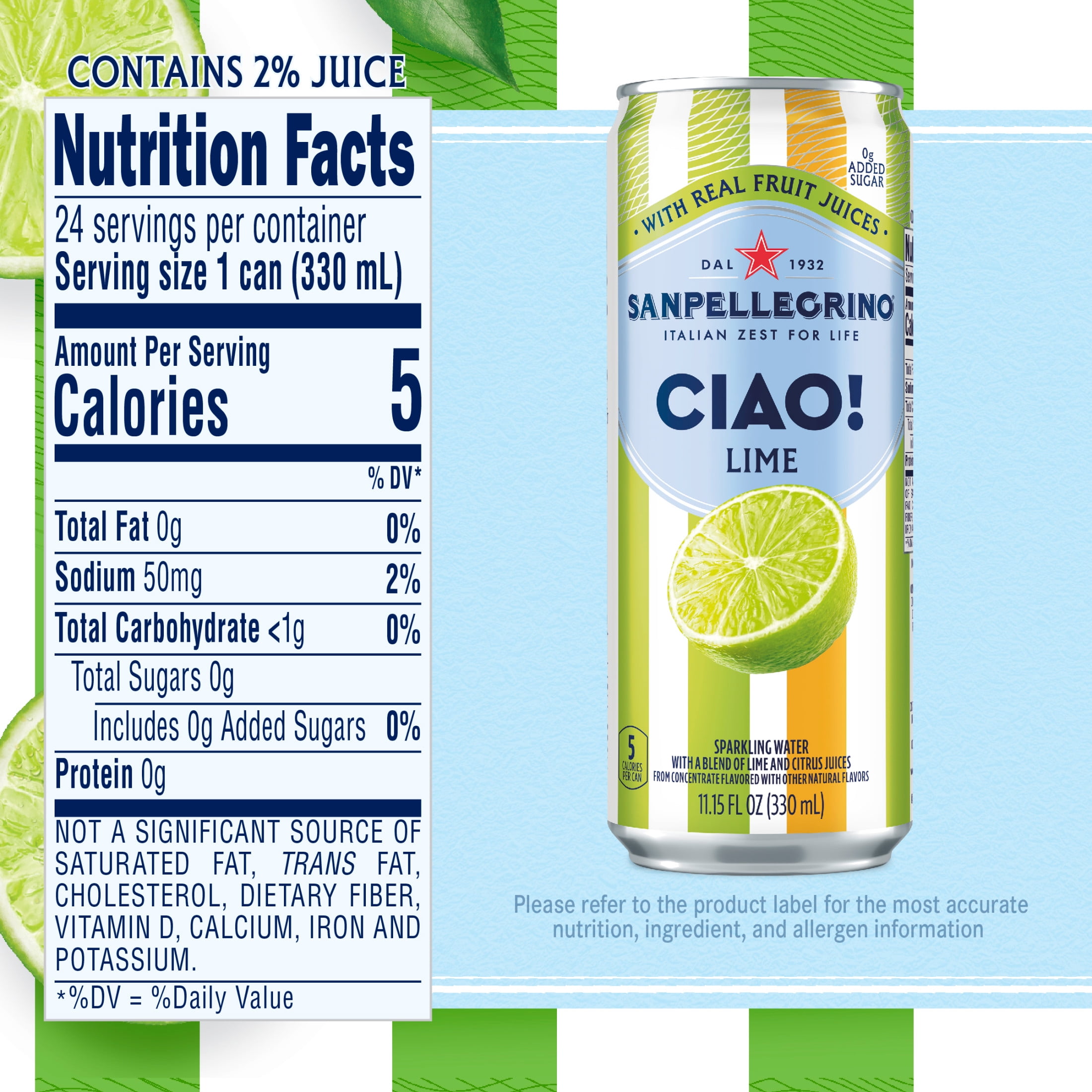 Sanpellegrino CIAO Lime Sparkling Flavored Water with Real Fruit Juices, 24-Pack
