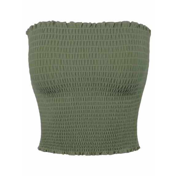 A2Y Women's Sexy Fitted Strapless Cotton Smocked Tube Crop Tops Light Olive XL