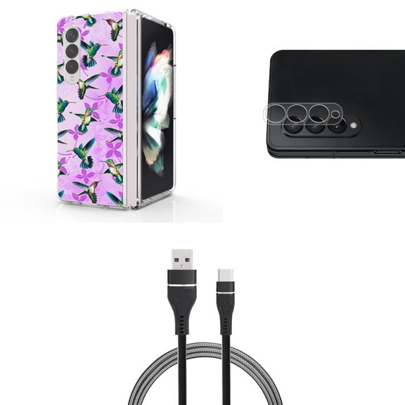 Accessory Bundle for Galaxy Z Fold 4: Slim Snap-On Case (Lavender Hummingbirds), Rear Camera Glass Protector, Nylon Braided USB-C to USB-A Cable (3 Feet)