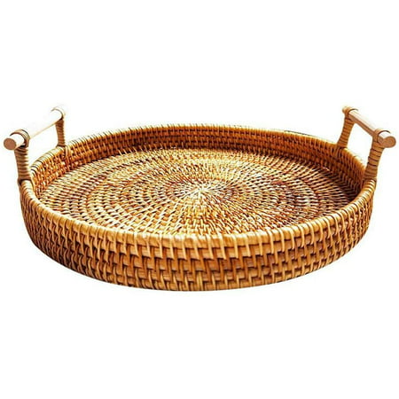 Hand Woven Rattan Tray Wicker Basket, Round Wicker Ottoman Tray