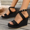 thumbnail image 4 of Platform Wedge Sandals Women Open Toe Suede Heels Fashion Studded Crooss Strap Comfy Arch Support Slingback Pumps Black Size 7, 4 of 7