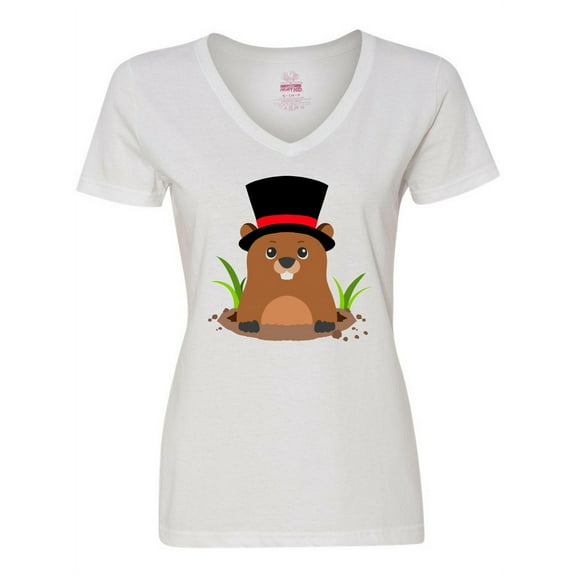 Inktastic Groundhog Day with Groundhog in Top Hat Women's V-Neck T-Shirt