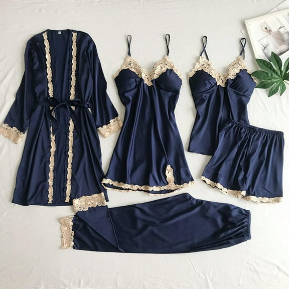 uublik Bathrobe Ladies Pjs Sets 5Pcs Nightgown Cami Shorts Pants Sleepwear Summer Cute Loungewear Navy