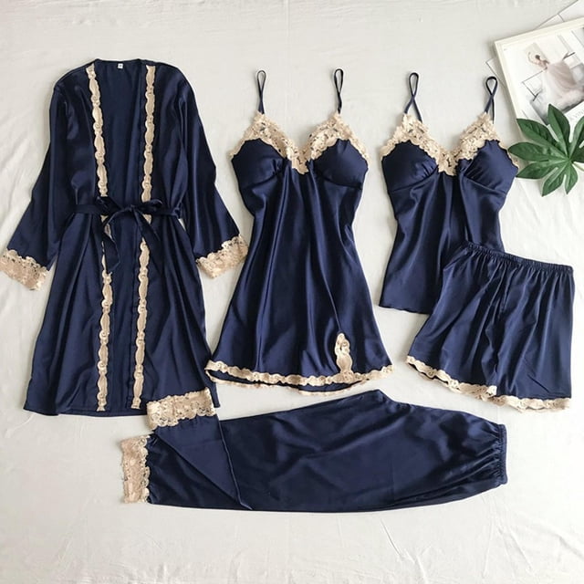 KIHOUT Lingerie en Dentelle pour Femmes 5 Pcs, Robe Aguichant en Satin avec Ceinture, Short, Pyjama