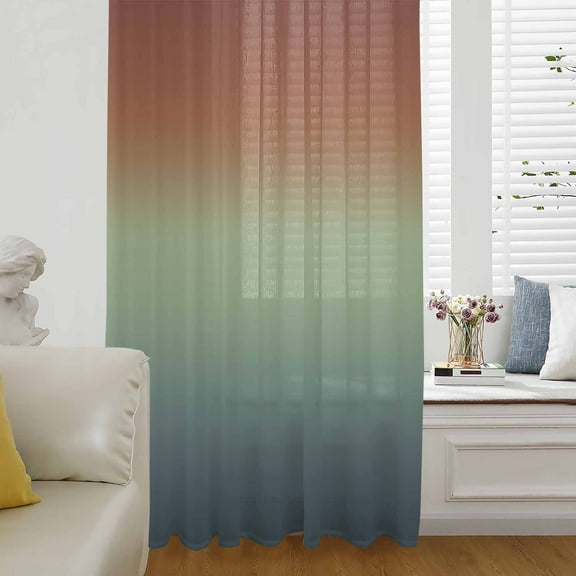 Burnt Orange Teal Ombre Semi Sheer Curtains Drapes for Living Room, Bedroom, French Doors Window 84 Inches Long, Modern Abstract Art Aesthetics Rod Pocket Chiffon Curtain Drapery Voile Drape Panel
