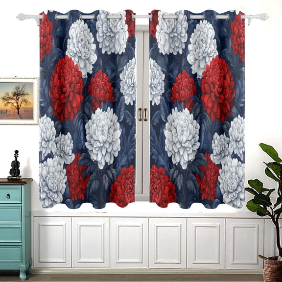 Red and White Chrysanthemum Blackout Curtains for Living Room Bedroom 55W x 54L Insulated Window Drapes 2 Panels