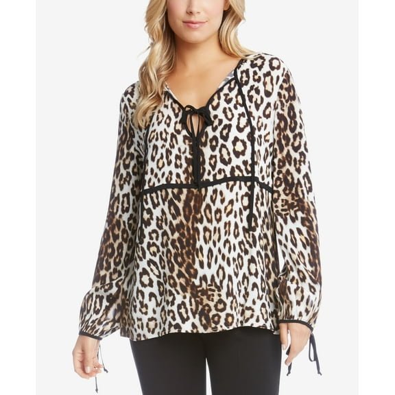 KAREN KANE Brown Tie Animal Print Long Sleeve V Neck Top  Size: XL