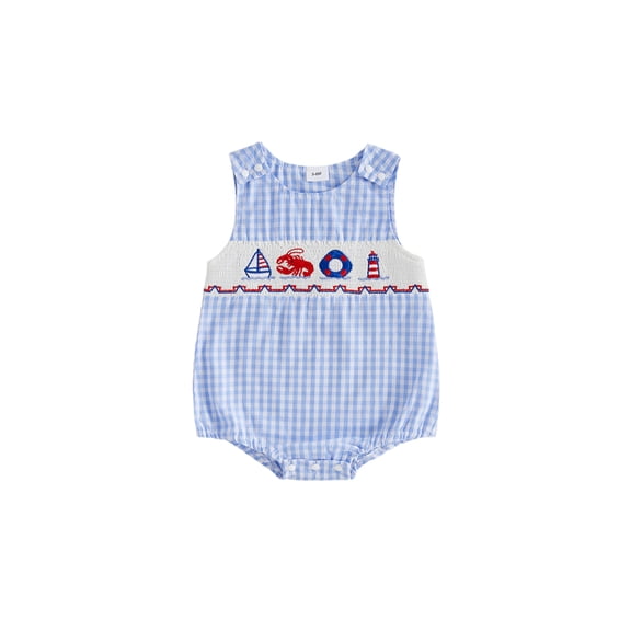 BemeyourBBs Newborn Baby Boys Summer Clothes Plaid Smocked Bubble Romper Baby Boys Summer Beach Holiday Outfits Casual Sailboat Crayfish Marine Embroidery Sleeveless Bodysuit Jumpsuit Playsuit