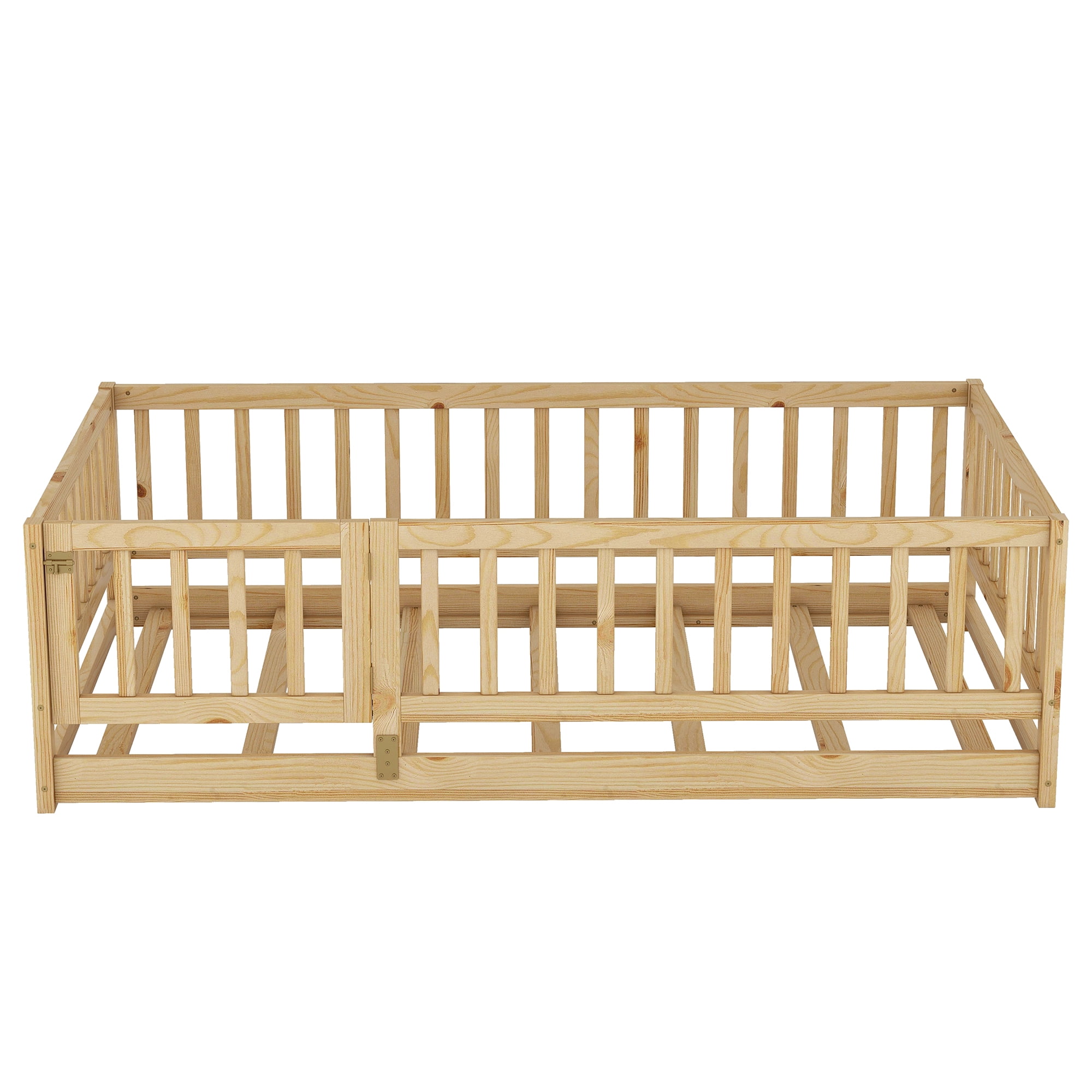 Montessori Floor Bed, Kids Bed Frame, Low Profile Toddler Bed with Removable Slats and Safety Door, Wood Bed Frame for Kids Boys Girls, Twin Oak