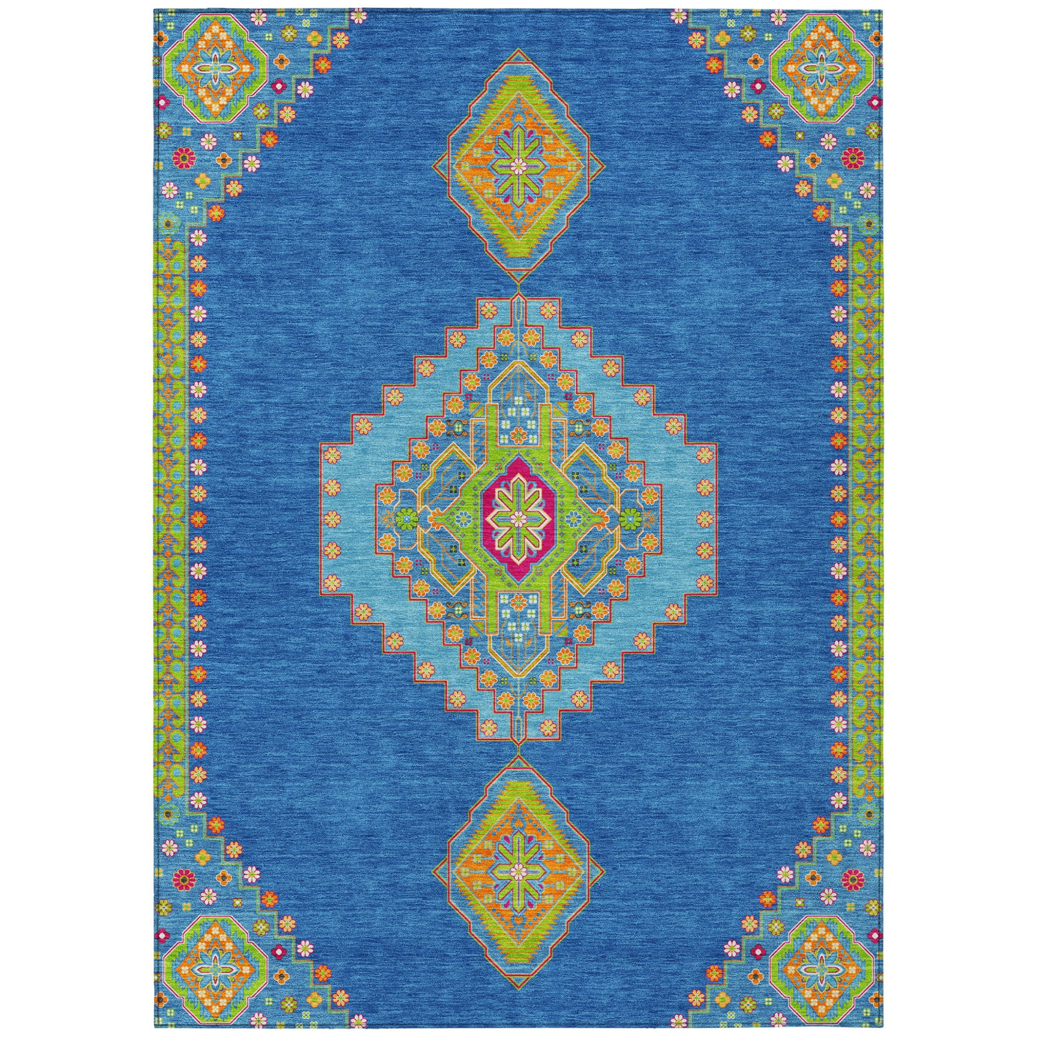 9' X 12' Denim Blue Red And Green Oriental Washable Indoor Outdoor Area Rug