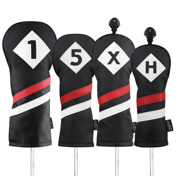Majek Retro Golf Headcovers Black Red and White Vintage Leather Style 1 5 X H Driver Fairway Woods and Hybrid Head Cover Classic Look