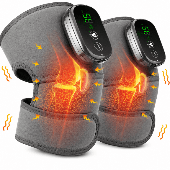Cordless Knee Massager with Heat - Electric Heated Knee Brace with 5 Heat Levels and 3 Massage Mode,  3 IN 1 Massager for Knee Shoulder Elbow - Gifts for Men Women (Grey, Pair)