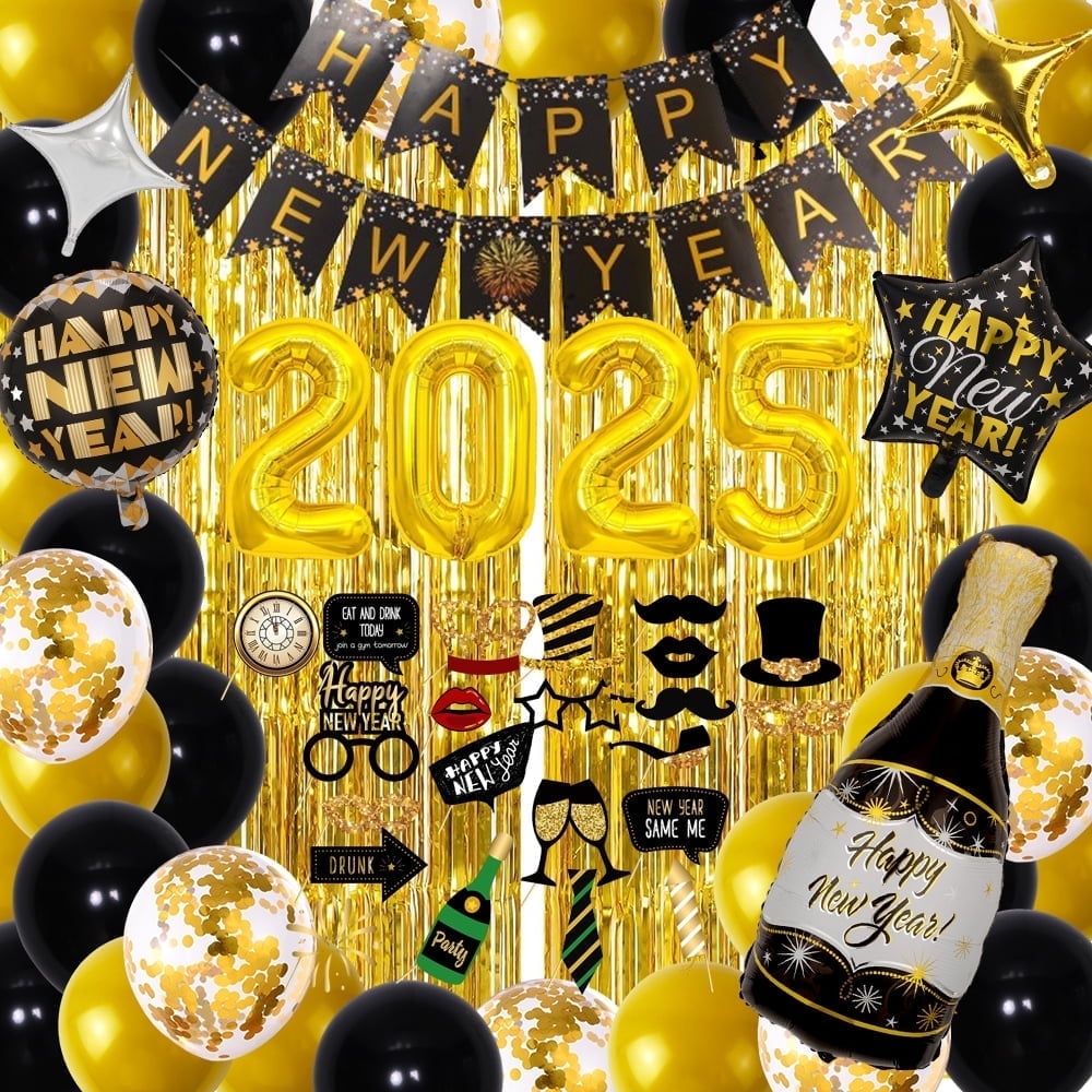 TC.ES Happy New Year 2025 Banner - Gold & Black Glitter, Pre-Assembled, Mantle Party Decor - View #4