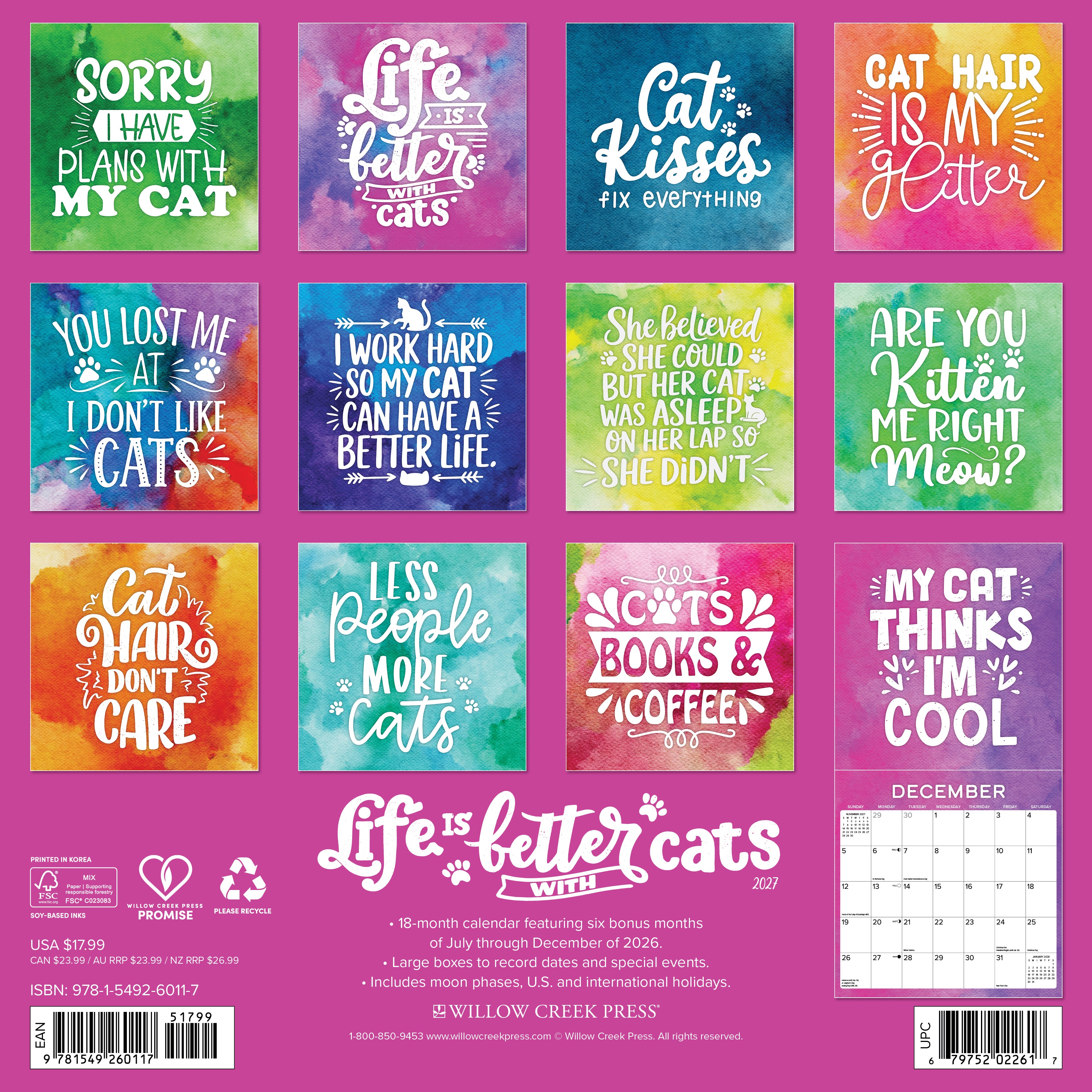 Willow Creek Press, Life is Better With Cats 2027 Wall Calendar