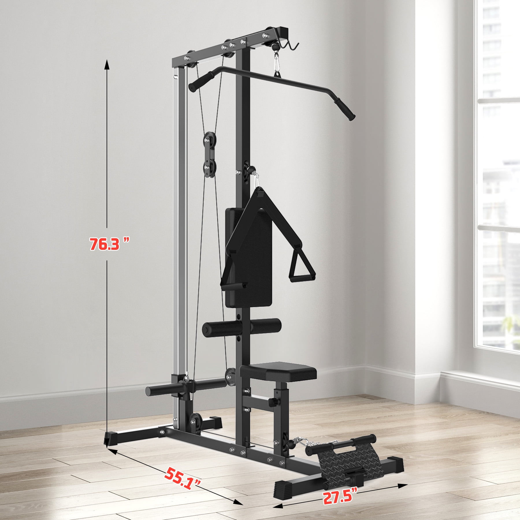 Multi-Functional Lat Pulldown Machine Home Gym Cable System with High & Low Pulley Adjustable Seat 400-500LB Capacity Full Body Strength Training Equipment