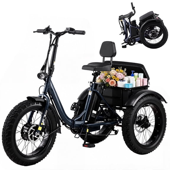 Electric Tricycle for Adults,Fat Tire Folding Electric Trike,3 Wheels Electric Bicycle Bikes, Peak 1500W Step-Thru Etrike with Removable Battery and Large Basket