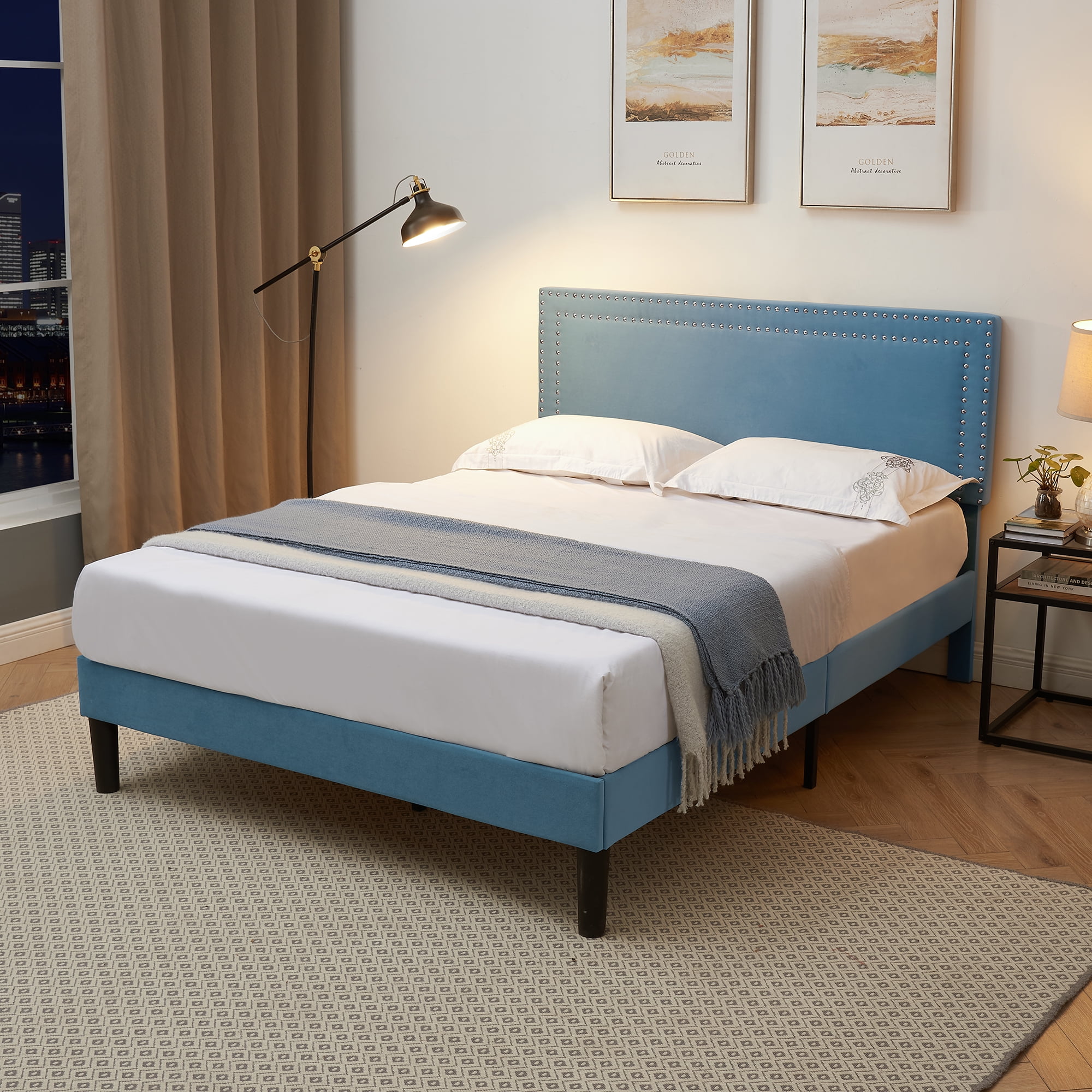VECELO Queen Size Platform Bed Frame, Modern Upholstered Bed Frame with Adjustable Height & Nailhead Trim Headboard, No Box Spring Needed, Easy Assembly, Light Blue