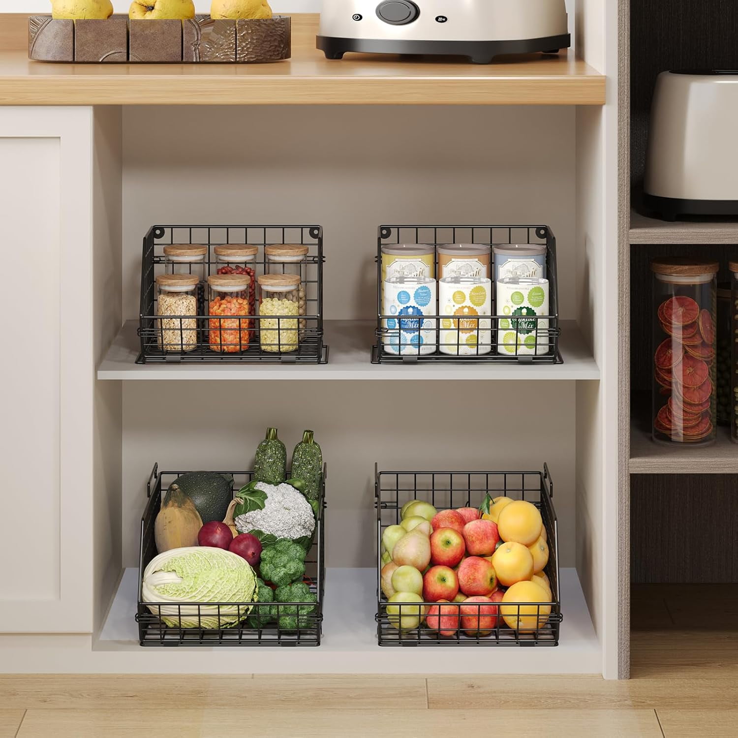 XCOSRACK 2-Tier Stackable Fruit Basket for Kitchen Counter, Metal Wire Produce & Snack Storage Bin, Freestanding Potato and Onion Pantry Organizer, Black