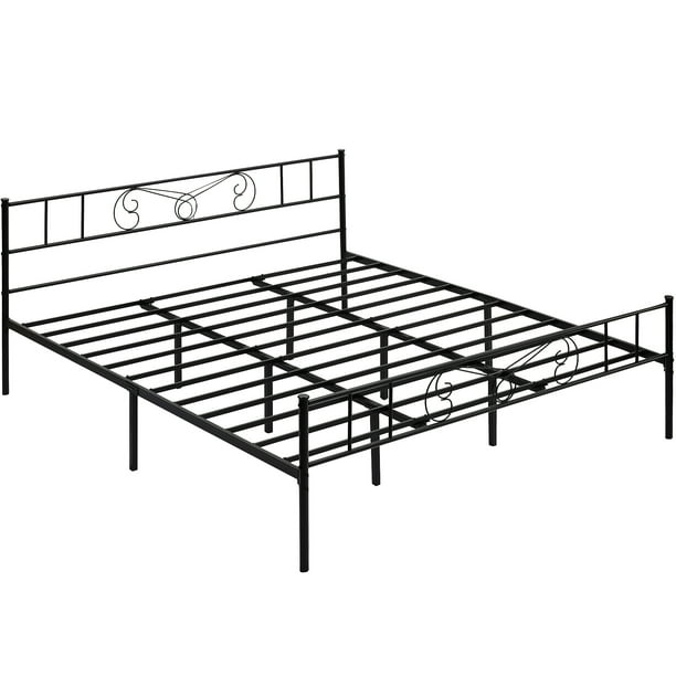 Cama de metal King Size con cabecero y piecero - Plataforma sólida con almacenamiento inferior - Lamas reforzadas, sin box spring - Montaje fácil y silencioso - Negro, KING