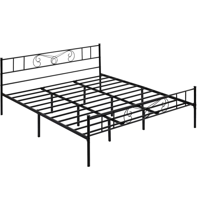 Cama de metal King Size con cabecero y piecero - Plataforma sólida con almacenamiento inferior - Lamas reforzadas, sin box spring - Montaje fácil y silencioso - Negro, KING