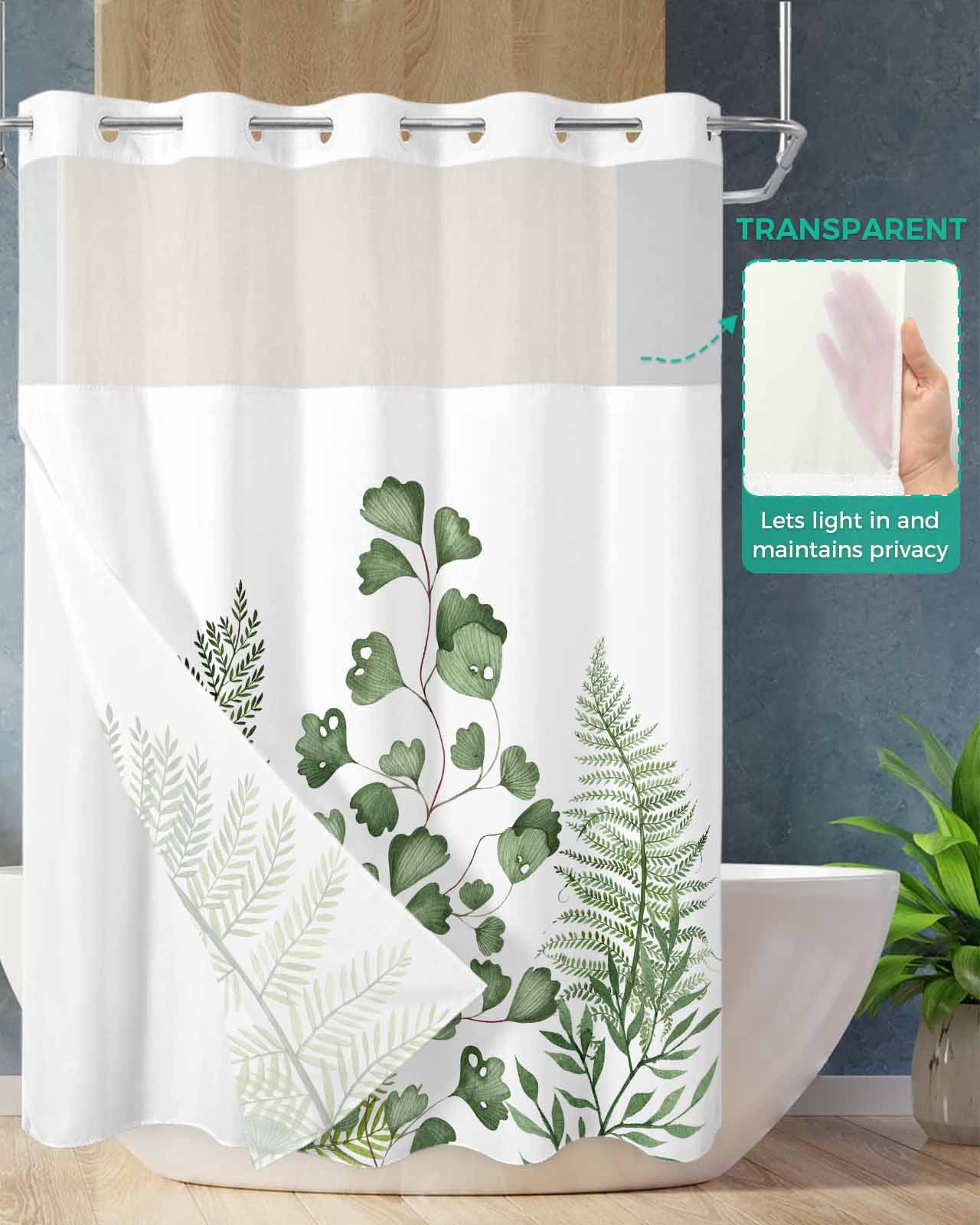No Hook Shower Curtain with Snap in Liner, Green Fern Plant Leaves Hotel Shower Curtains for Bathroom, Washable Shower Curtain Liner Set with Mesh Top Window, 72"x72"