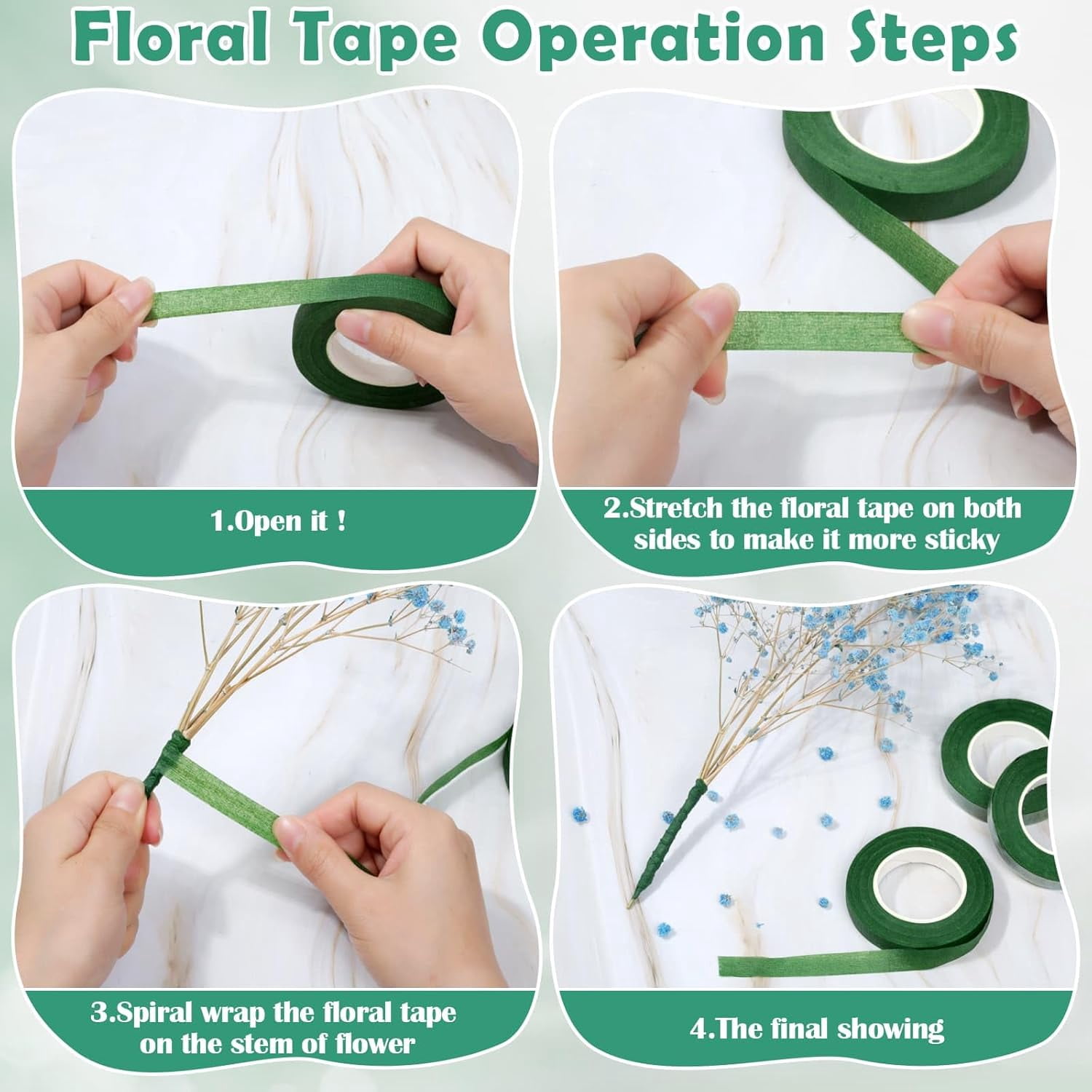 Floral Tape and Floral Wire Arrangement Tool Kit with Green Floral Tape, Floral Wire, Boutonniere Flower pin, Wire Cutter, White Ribbon and Elastic Pearl Wrist Corsage Bands for Bouquets