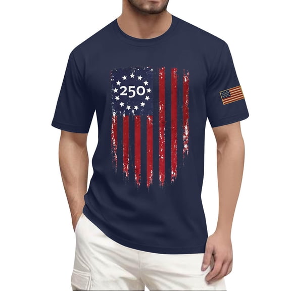 Hogleaql 4th Of July Shirts for Men Crewneck Patriotic Tee Top Short Sleeve USA Flag Independence Day Graphic Men's Dressy T Shirt Navy XL
