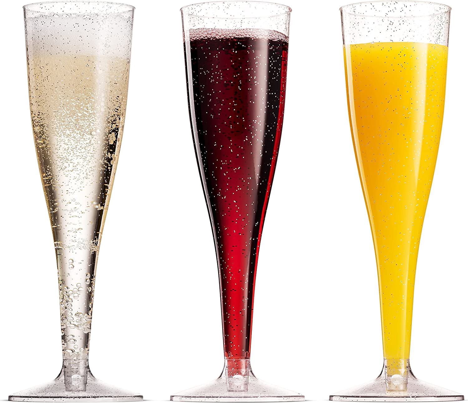 100 Plastic Champagne Flutes - 5 Oz Disposable Silver Glitter Champagne Glasses for Parties, Mimosa Bar, Events, Wedding and Shower Party Supplies - Toasting Cocktail Cups