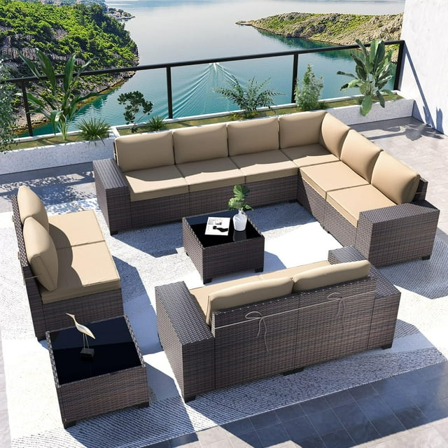 2 Sets of 6-Piece PE Rattan Patio Furniture Set, Waterproof Wicker Sectional Sofa with Coffee Table & Cushions, Outdoor Conversation Set for Garden/Poolside,sand