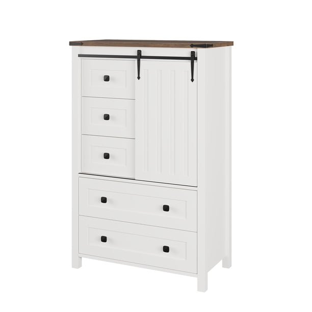 Cómoda de 5 Cajones Estilo Granja, Armario de Madera con Puerta Corrediza de Granero, 122 cm de Alto, Estante Ajustable, Organizador Ahorra Espacio para Recámara, Sala, Pasillo – Blanco/Gris/Nogal