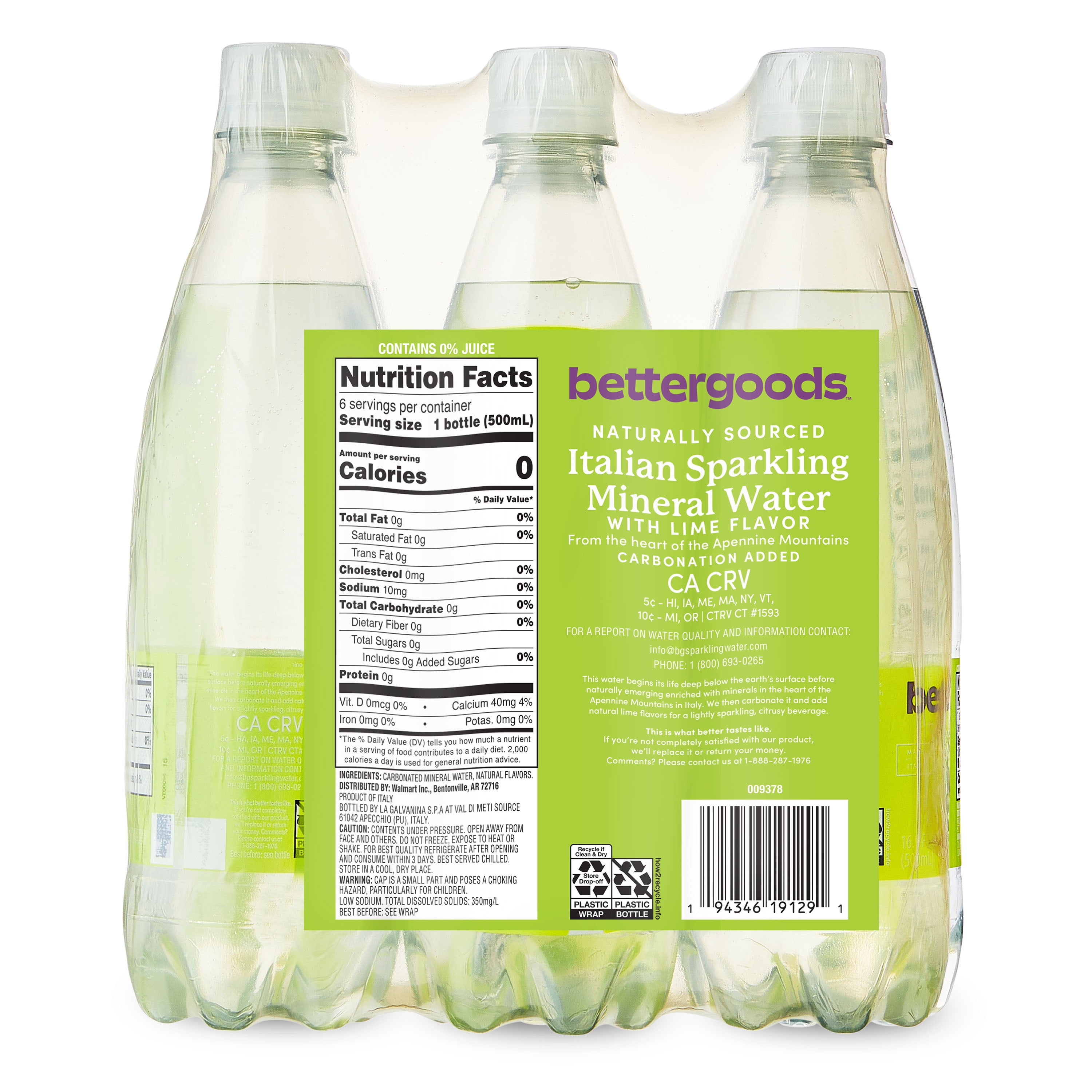 bettergoods Italian Sparkling Mineral Water with Lime Flavor, 16.9 fl oz, 6 Count Bottles