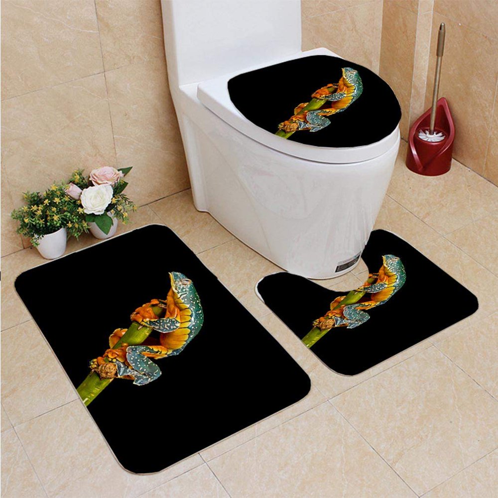 GOHAO Fringed Leaf Frog 3 Piece Bathroom Rugs Set Bath Rug Contour Mat and Toilet Lid Cover
