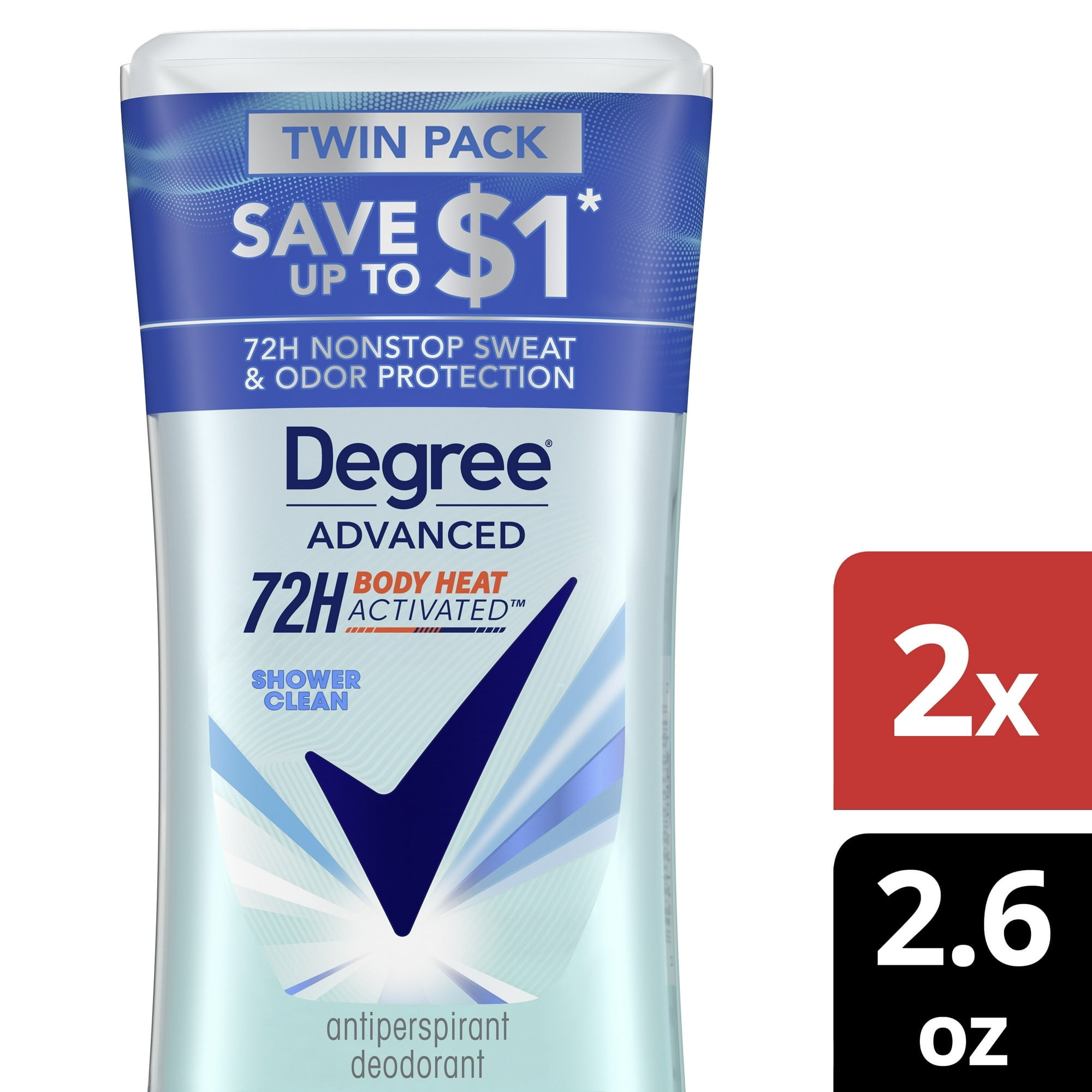 Degree Advanced Women's Antiperspirant Deodorant Stick Twin Pack Shower Clean, 2.6 oz (4 Pack)