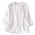 thumbnail image 2 of HOMBOM Summer Tops for Women Boho V-Neck Cotton Linen White Ruffled Embroidered Shirt for Ladies 3/4 Sleeve Casual Loose Blouse, 2 of 9