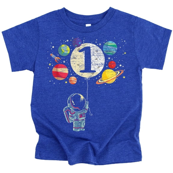 Olive Loves Apple 1st Birthday Rocket Astronaut Themed T-Shirts with Moon Balloon and Planets for Boys and Girls Vintage Royal Shirt 18 Months