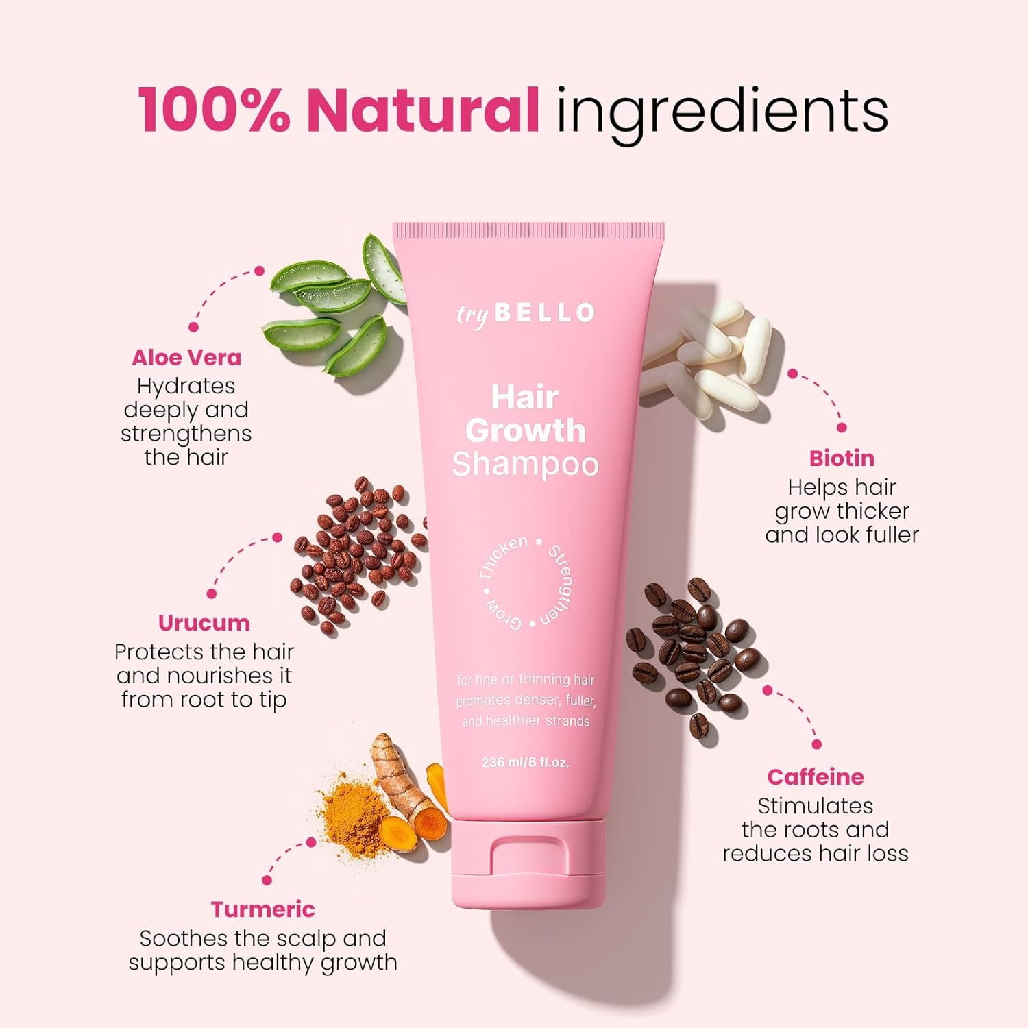 Trybello Hair Growth Shampoo | Natural Hair Thickening & Scalp Detox | Sulfate Free, Vegan, Anti-Hair Fall Formula | Caffeine, Aloe Vera, Turmeric, and Urucum Extract | For Any Hair Type