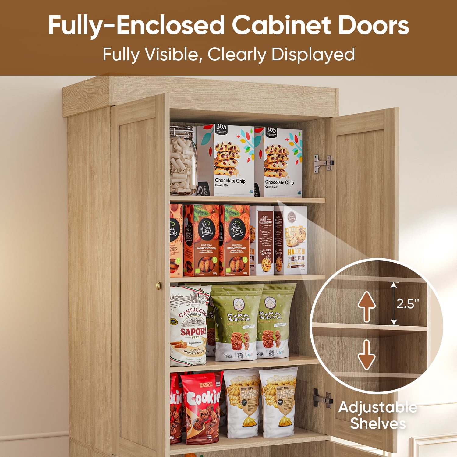 71" Tall Farmhouse Kitchen Pantry Cabinet with Doors,Storage Cabinet with 4-Tier Adjustable Shelves,Wooden Hutch for Home, Kitchen Brown